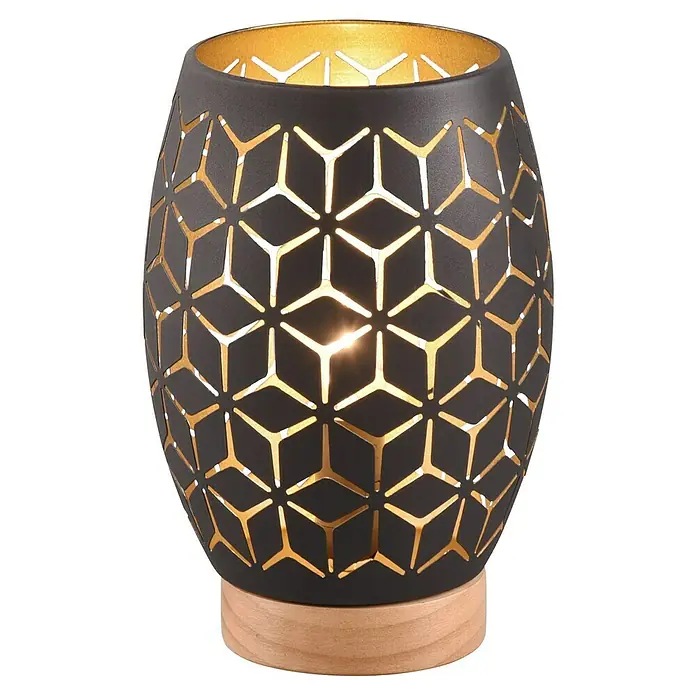 Reality Leuchten Bidar Tischleuchte - 28 W, Ø x H: 15 x 21 cm, Schwarz-Gold, E27 - Dekorative Tischleuchte mit geometrischen Ausschnitten und goldenem Interieur, die ein warmes Licht ausstrahlt.