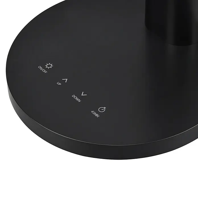 Reality Leuchten LED-Tischleuchte rund Sally - 8 W, Schwarz, Neutralweiß - Nahaufnahme der Basis einer Tischleuchte mit Bedienelementen für Ein/Aus, Auf/Ab und Timer-Funktion.