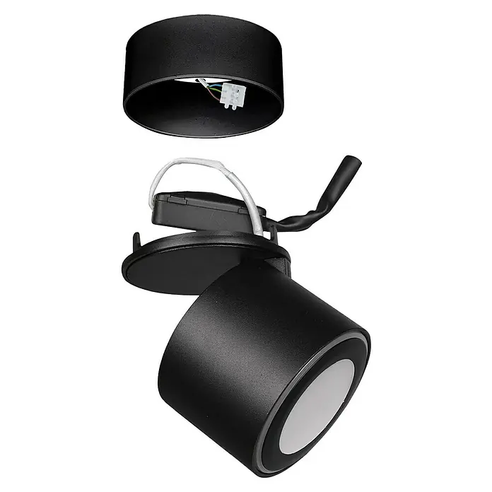Trio Leuchten LED-Deckenstrahler Taurus - 5 W, Schwarz-matt, Warmweiß, 1 Stk. - Detailaufnahme einer schwarzen LED-Deckenleuchte in Einzelteilen, die das modulare Design und die einfache Installation hervorhebt.