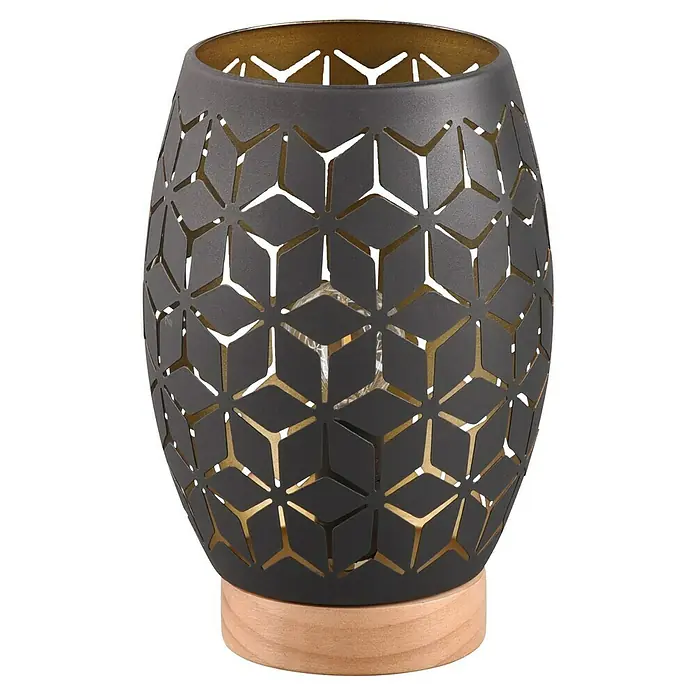 Reality Leuchten Bidar Tischleuchte - 28 W, Ø x H: 15 x 21 cm, Schwarz-Gold, E27 - Dekorative schwarze Lampe mit geometrischen Ausschnitten und goldfarbenem Innenraum, die ein warmes Licht verbreitet.