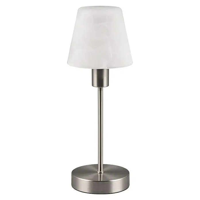 Trio Leuchten Tischleuchte Luis II - 40 W, Nickel-matt, E14 - Elegante Tischleuchte mit weißem Schirm und gebürstetem Metallsockel. Die Lampe ist schlicht, aber stilvoll und passt gut in moderne Innenräume.
