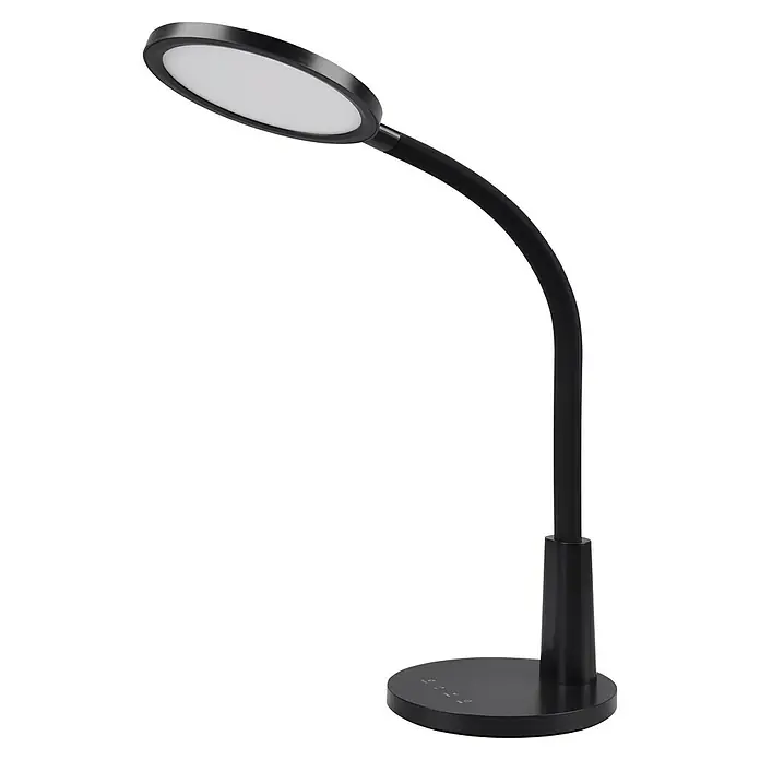 Reality Leuchten LED-Tischleuchte rund Sally - 8 W, Schwarz, Neutralweiß - Elegante schwarze Schreibtischleuchte mit flexiblem Hals und kreisförmigem LED-Panel, ideal für moderne Arbeitsbereiche.