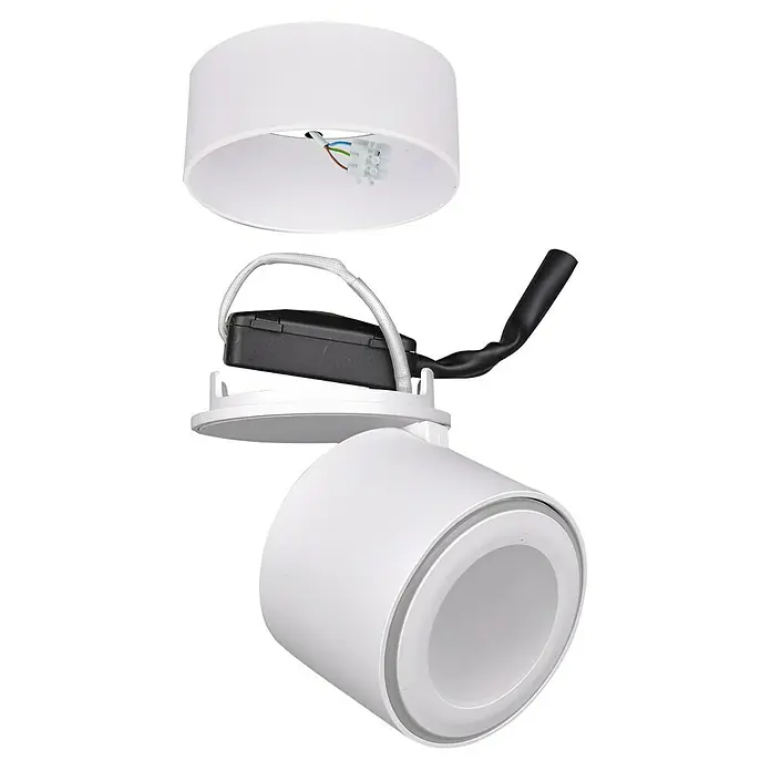 Trio Leuchten LED-Deckenstrahler Taurus - 5 W, Weiß-matt, Warmweiß, 1 Stk. - Nahaufnahme einer weißen LED-Deckenleuchte in zerlegtem Zustand, die das Design und die Komponenten der Leuchte hervorhebt.