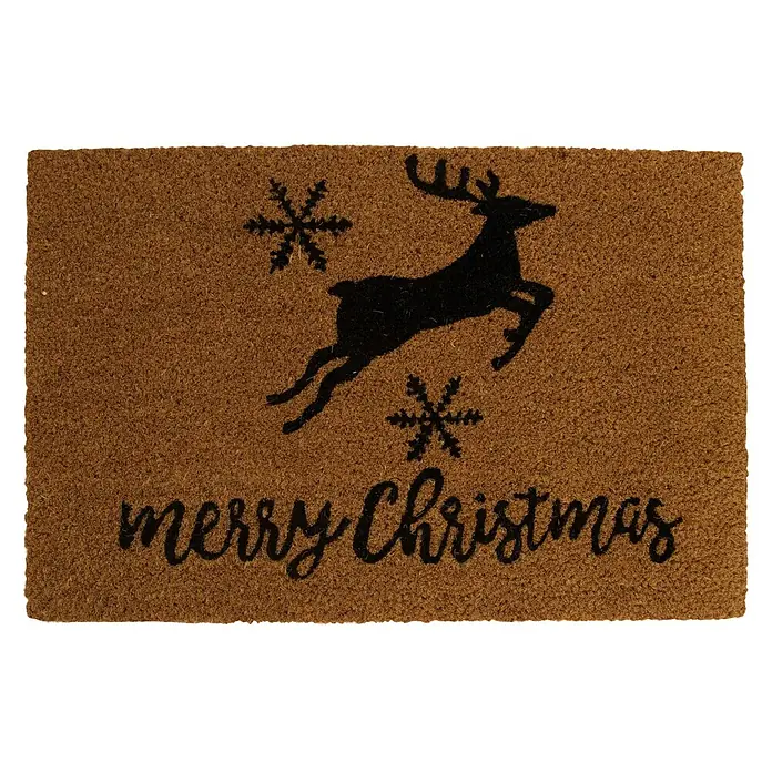 Fußmatte Rentier - 58 x 38 cm, Natur, Material Nutzschicht: Kokos, Kokos - Eine braune Fußmatte mit den Worten "Merry Christmas", einem springenden Rentier und zwei Schneeflocken.