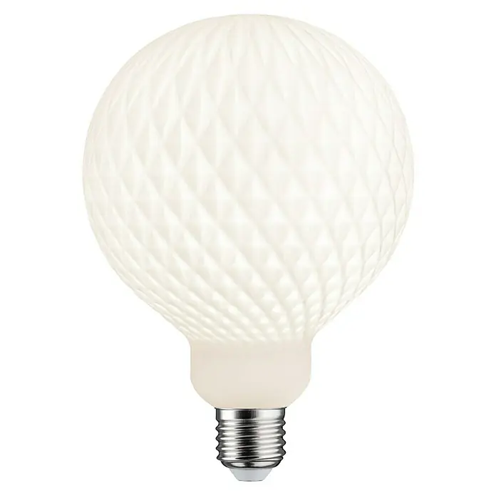 Paulmann LED-Lampe White Lampion - E27, Dimmbar, Warmweiß, 400 lm, 4 W - Nahaufnahme einer dekorativen LED-Glühbirne mit spiralförmigem Design, die ein warmes, einladendes Licht ausstrahlt.