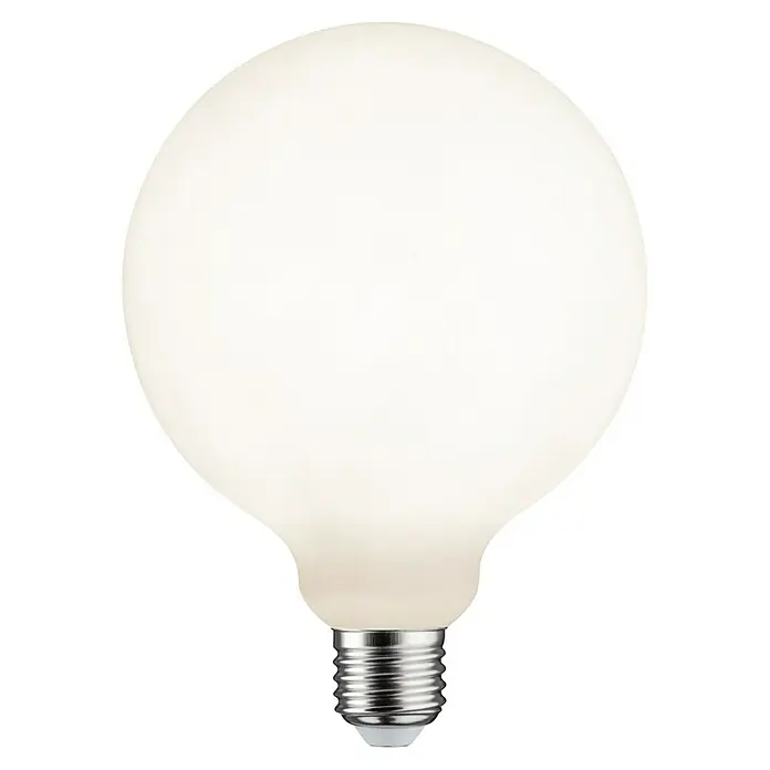 Paulmann LED-Lampe White Lampion Filament glatt - E27, Dimmbar, Warmweiß, 400 lm, 4 W - Nahaufnahme einer großen, matten LED-Globuslampe mit silbernem Sockel vor schwarzem Hintergrund. Die Lampe strahlt ein weiches, diffuses Licht aus.