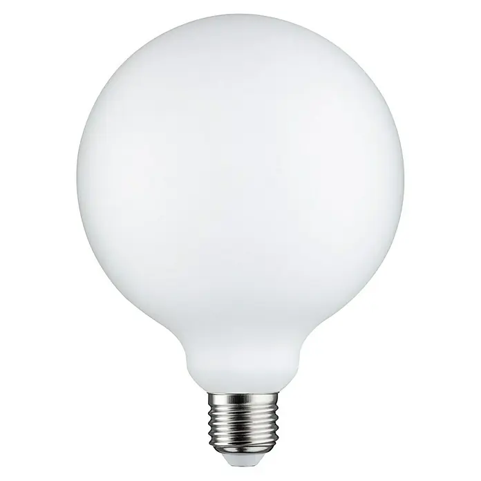 Paulmann LED-Lampe White Lampion Filament glatt - E27, Dimmbar, Warmweiß, 400 lm, 4 W - Nahaufnahme einer matten, weißen Glühbirne mit Schraubsockel vor einem dunklen Hintergrund.