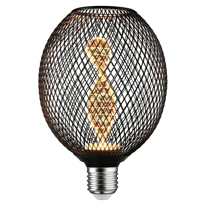 Paulmann LED-Lampe Metallic Glow Helix Globe - E27, Dimmbarkeit: Nicht Dimmbar, Warmweiß, 110 lm, 3,5 W, Schwarz - Nahaufnahme einer dekorativen Glühbirne mit einem schwarzen, kugelförmigen Drahtgeflecht, die ein warmes, goldenes Licht ausstrahlt.