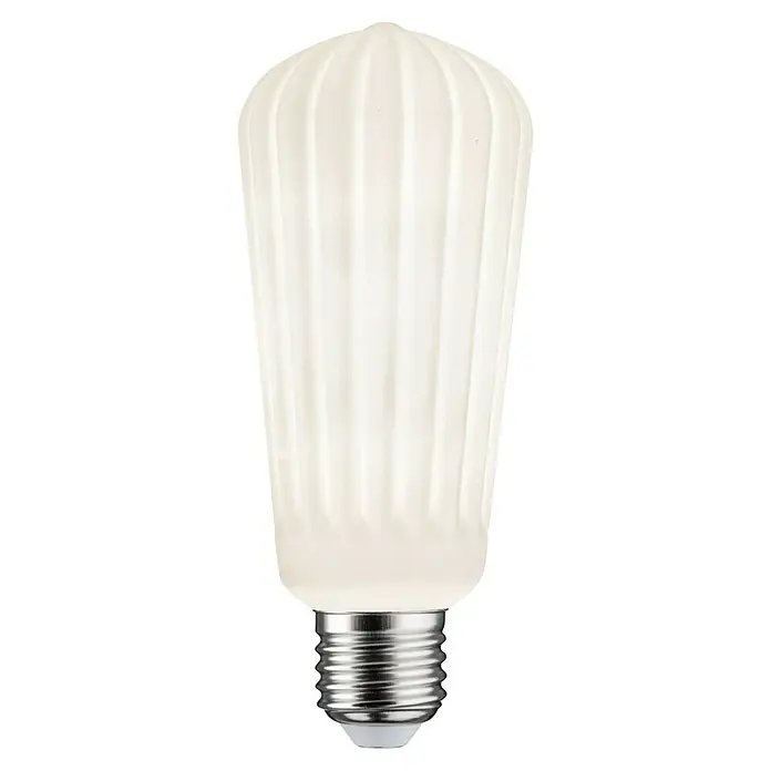 Paulmann LED-Lampe - E27, Dimmbar, Warmweiß, 400 lm, 4 W, Lampenform: Tropfen - Detailaufnahme einer gerippten LED-Glühbirne mit einem E27-Sockel, die ein warmes, gedämpftes Licht ausstrahlt und eine dekorative Beleuchtungslösung darstellt.
