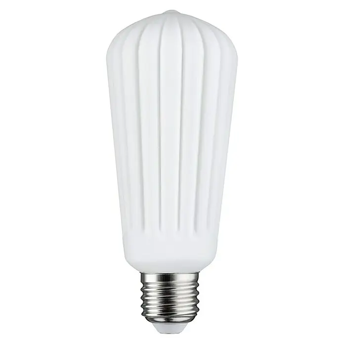 Paulmann LED-Lampe - E27, Dimmbar, Warmweiß, 400 lm, 4 W, Lampenform: Tropfen - Nahaufnahme einer LED-Lampe mit geripptem, weißem Lampenschirm und silberfarbenem Sockel vor schwarzem Hintergrund.