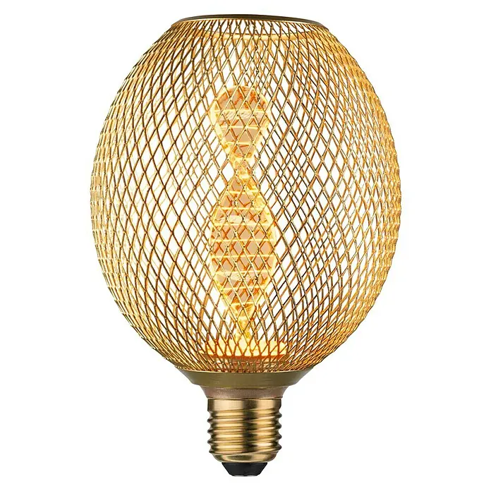 Paulmann LED-Lampe Metallic Glow Helix Globe - E27, Dimmbarkeit: Nicht Dimmbar, Warmweiß, 130 lm, 3,5 W, Messing - Nahaufnahme einer dekorativen goldenen Glühbirne mit filigranem Metallgitter und warmem Lichtschein.