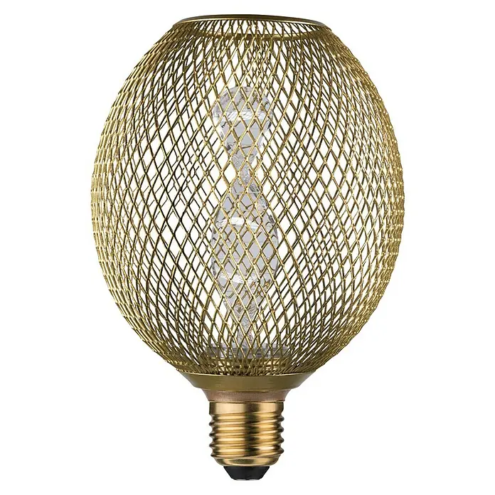 Paulmann LED-Lampe Metallic Glow Helix Globe - E27, Dimmbarkeit: Nicht Dimmbar, Warmweiß, 130 lm, 3,5 W, Messing - Nahaufnahme einer dekorativen LED-Lampe mit einem goldenen Drahtgeflecht, die ein warmes Licht ausstrahlt.