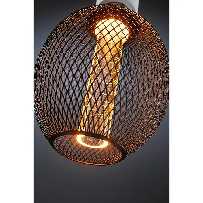 Paulmann LED-Lampe Metallic Glow Spiral - E27, Dimmbarkeit: Nicht Dimmbar, Warmweiß, 200 lm, 4,2 W, Schwarz - Nahaufnahme einer stilvollen Pendelleuchte mit einem dekorativen Drahtgeflecht und einer warmen, glühenden Glühbirne.