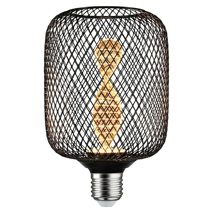 Paulmann LED-Lampe Metallic Glow Helix - E27, Nicht Dimmbar, Warmweiß, 110 lm, 3,5 W, 1 Stk., Schwarz - Nahaufnahme einer dekorativen Edison-Glühbirne mit einem schwarzen Metallkäfig, die ein warmes, stimmungsvolles Licht ausstrahlt.