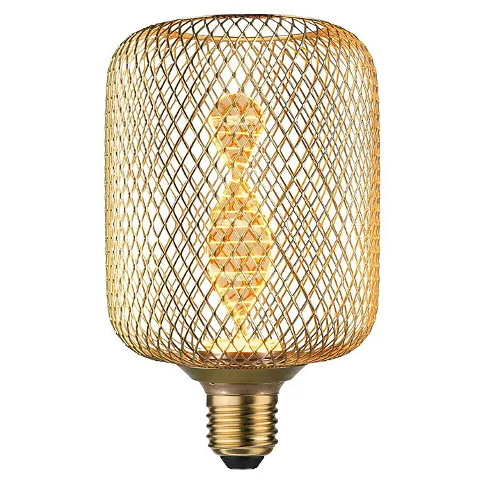 Paulmann LED-Lampe Metallic Glow - E27, Nicht Dimmbar, Warmweiß, 130 lm, 3,5 W, Messing - Nahaufnahme einer dekorativen LED-Lampe mit einem goldenen Käfigdesign, die ein warmes, einladendes Licht ausstrahlt.