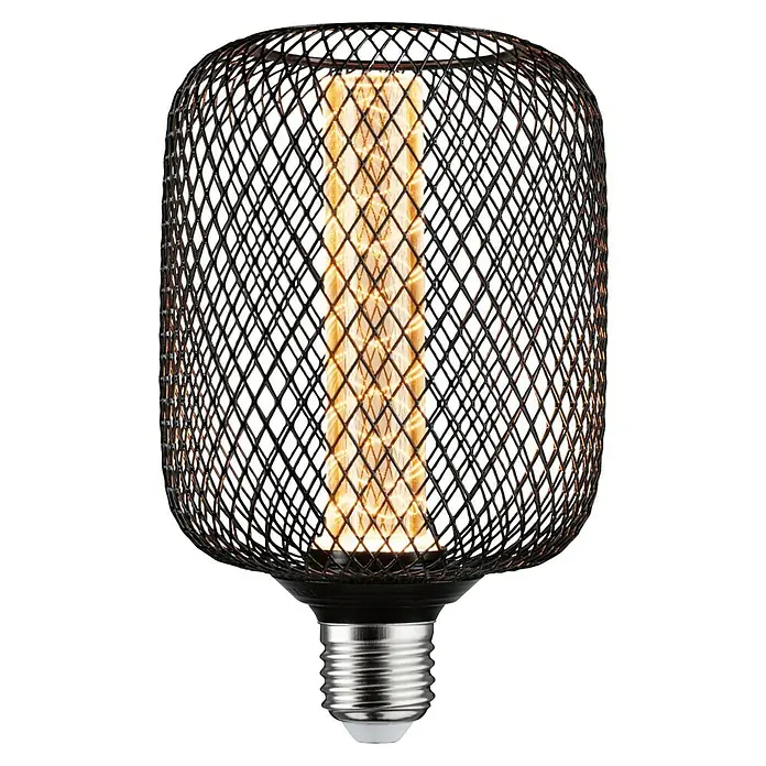 Paulmann LED-Lampe Metallic Glow - E27, Nicht Dimmbar, Warmweiß, 200 lm, 4,2 W, Schwarz - Nahaufnahme einer dekorativen Glühbirne mit einem schwarzen Drahtkäfig und einem warmen Licht.