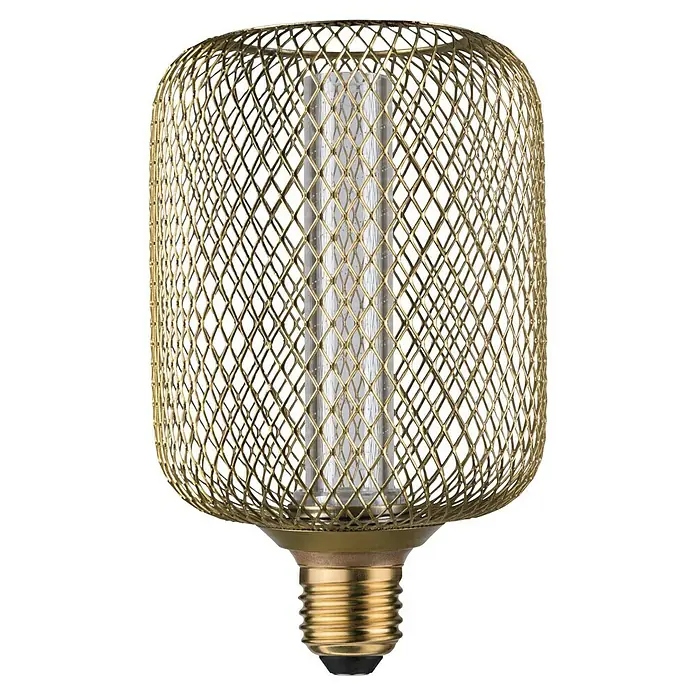 Paulmann LED-Lampe Metallic Glow Helix - E27, Nicht Dimmbar, Warmweiß, 200 lm, 4,2 W, 1 Stk., Messing - Nahaufnahme einer dekorativen goldenen Draht-Glühbirne, die ein warmes und einladendes Licht ausstrahlt.