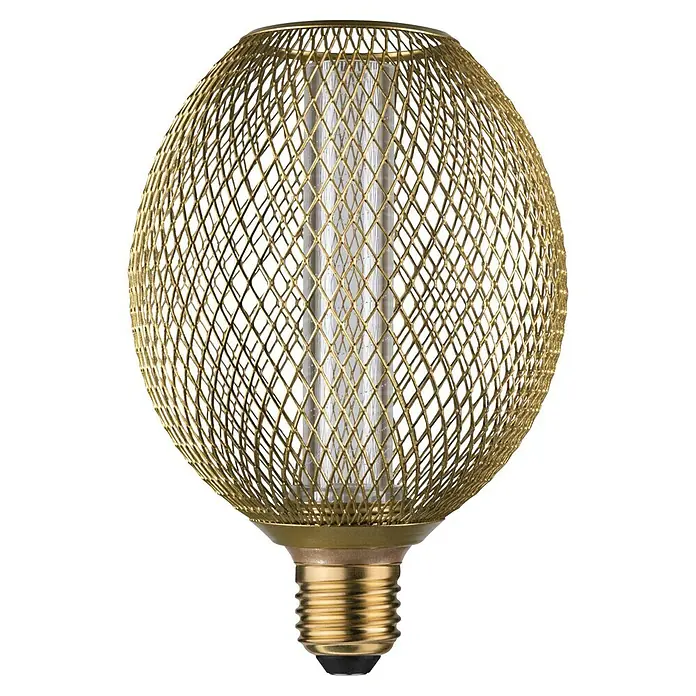 Paulmann LED-Lampe Metallic Glow Spiral - E27, Dimmbarkeit: Nicht Dimmbar, Warmweiß, 200 lm, 4,2 W, Messing - Nahaufnahme einer dekorativen LED-Lampe mit goldfarbenem Drahtgeflecht und warmweißem Licht, ideal für stimmungsvolle Beleuchtung.