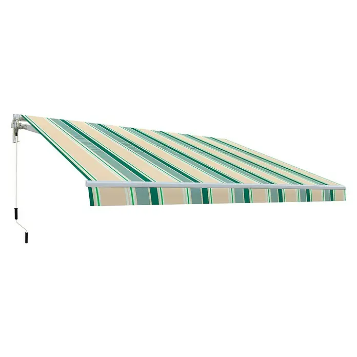 SmartSun Toldo de brazos extensibles Original Kit Acrílico - Beige/Verde, Ancho: 3 m, Caída: 2 m - Esta imagen muestra un toldo a rayas en beige y verde, que proporciona sombra y protección solar. El toldo tiene una manivela para facilitar la extensión y la retracción.