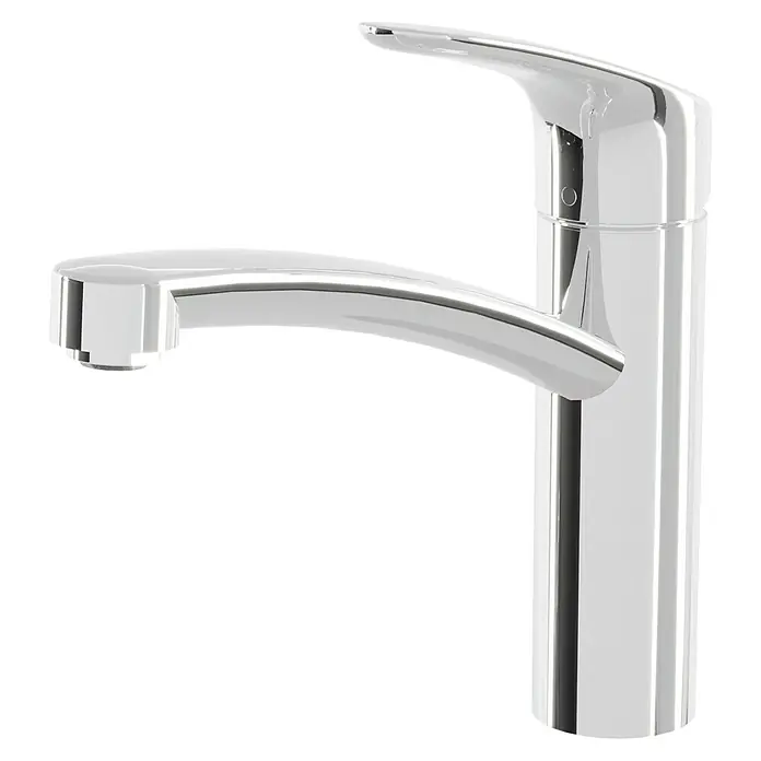 Hansgrohe Spültischarmatur Focus 160 - Chrom, Glänzend - Nahaufnahme eines glänzenden, verchromten Wasserhahns mit geschwungenem Auslauf und minimalistischem Design vor schwarzem Hintergrund.