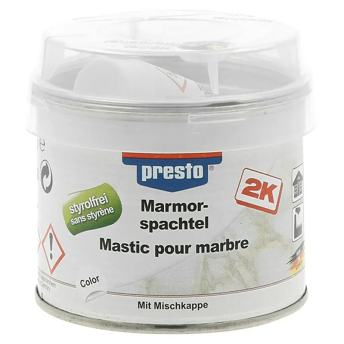 Presto Reparaturspachtel Marmorspachtel 2K - 200 g - Dose Presto Marmor-Spachtel, ein Produkt zur Marmorreparatur. Frei von Styrol und mit Mischkappe für einfache Anwendung.