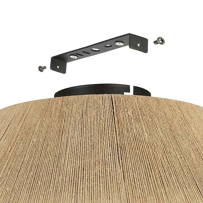 Eglo Deckenleuchte ALDERNEY - 40 W, Schwarz, E27 - Nahaufnahme einer Lampe mit einer Lampenfassung aus Seil und einer schwarzen Deckenhalterung, die mit Schrauben befestigt wird.