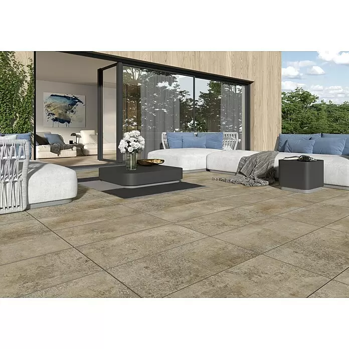 Terrassenfliese Baldo 2.0 - 39,7 x 79,7 x 2 cm, Beige/Braun, Matt - Rechteckige Terrassenfliesen in Beige mit Natursteinoptik für einen Außenwohnbereich.