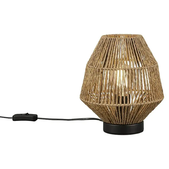 Reality Leuchten Miki Tischleuchte rund - 40 W, Ø x H: 20 x 20,5 cm, Braun, E27 - Elegante Tischleuchte mit naturfarbenem Seilgeflecht und einem modernen schwarzen Sockel, ideal für eine stimmungsvolle Beleuchtung.