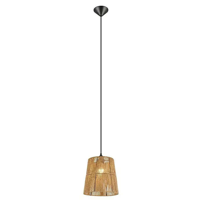 Trio Leuchten Pendelleuchte rund Holm - 10 W, Braun, E27 - Pendelleuchte mit schwarzem Stab und Lampenschirm aus Naturfaser, die ein warmes Licht verbreitet.