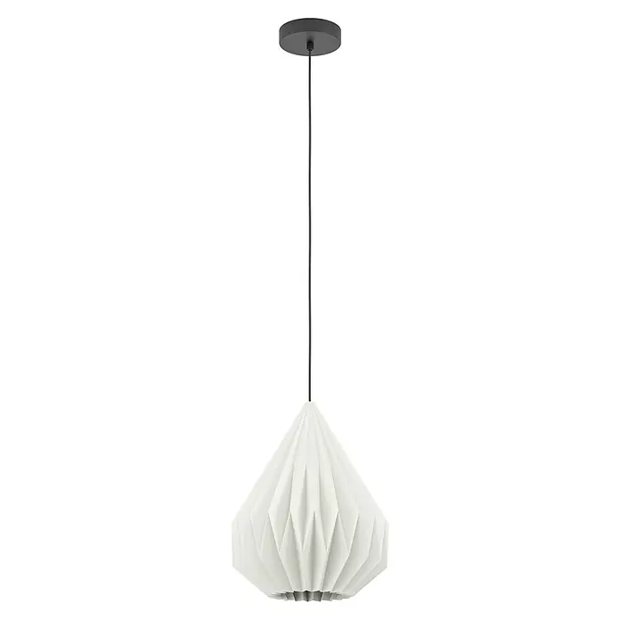 Eglo Pendelleuchte rund MINTING - 25 W, Ø x H: 31 x 110 cm, Schwarz, E27 - Eine elegante Hängeleuchte mit einem stilvollen, gefalteten Lampenschirm und einer schwarzen Aufhängung, die modernes Design verkörpert.