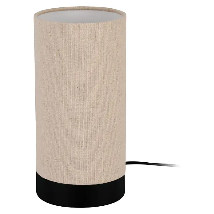 Eglo Feniglia Tischleuchte rund - 40 W, Ø x H: 12 x 25,5 cm, Schwarz, E27 - Eine zylindrische Tischlampe mit beigefarbenem Stoffschirm und schwarzem Sockel steht vor einem schwarzen Hintergrund.