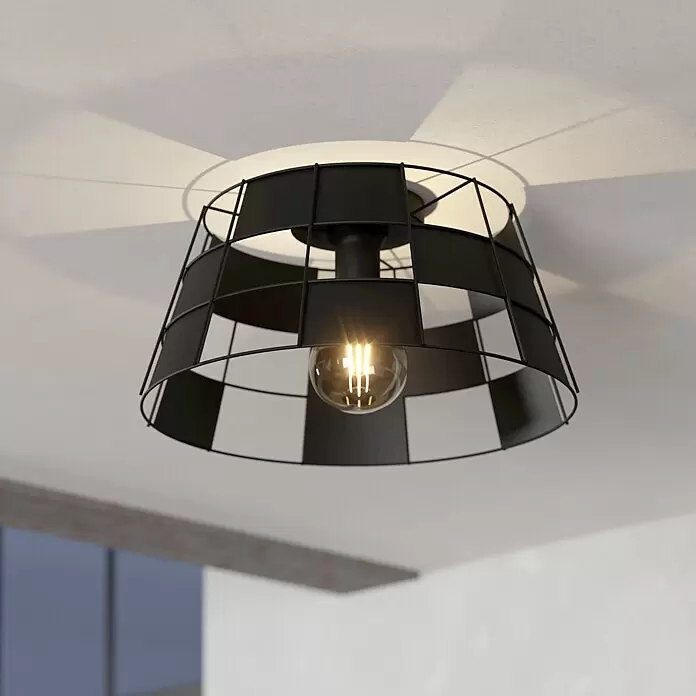 Eglo Deckenleuchte rund PONTEFRACT - 40 W, Ø x H: 42 x 20,5 cm, Schwarz, E27 - Schwarze Metallkäfig-Deckenleuchte mit sichtbarer Glühbirne, die Umgebungslicht spendet.