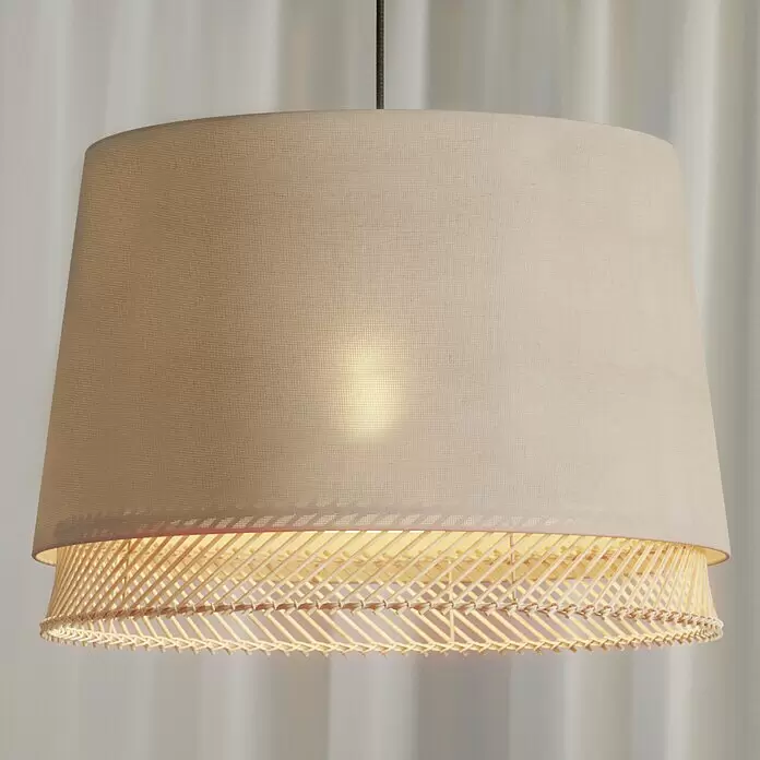 Eglo Tabley Pendelleuchte rund - 40 W, Ø x H: 38 x 110 cm, Schwarz, E27 - Hängelampe mit beigem Stoffschirm und geflochtenem Rattanfuß, beleuchtet.