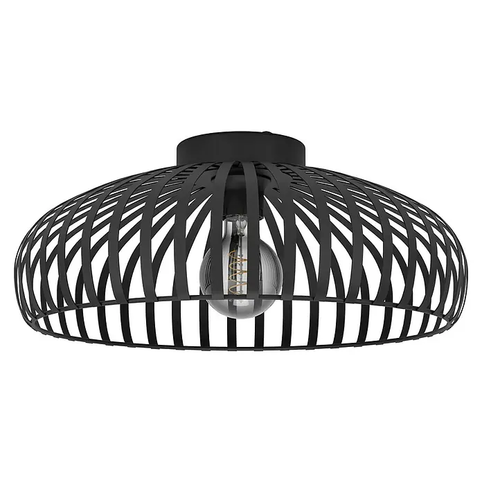Eglo Deckenleuchte rund MOGANO 3 - 40 W, Ø x H: 43 x 18 cm, Schwarz, E27 - Moderne schwarze Hängelampe mit dekorativem Käfigdesign und einer Glühbirne in der Mitte, die ein stilvolles Ambiente schafft.