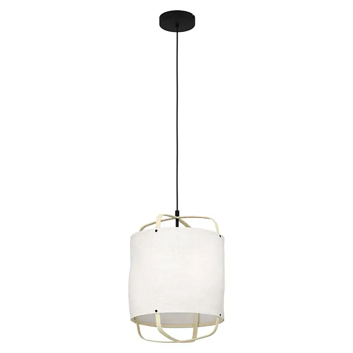 Eglo Pendelleuchte rund SURFLEET - 40 W, Ø x H: 33 x 110 cm, Schwarz, E27 - Diese Hängelampe verfügt über einen schwarzen Stab und einen weißen, zylindrischen Lampenschirm mit hellem Holzrahmen für ein warmes Licht.