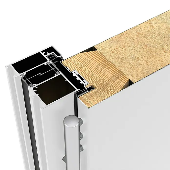 Gerda Haustür Thermo Prime 75 Garda - 110 x 210 cm, DIN Anschlag: Links, Weiß, Details in Edelstahl - Detailaufnahme eines modernen Fensterrahmens mit Aluminiumprofil und Holz. Das Fenster ist isoliert und zeigt hochwertige Verarbeitung.