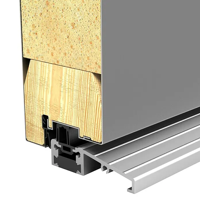 Gerda Haustür Thermo Prime 75 Roma - 100 x 210 cm, DIN Anschlag: Links, Grau, Schwarze Details - Detailaufnahme eines Aluminium-Türschwellenprofils mit Holzrahmen und Wärmedämmung. Optimale Isolierung und modernes Design vereint.