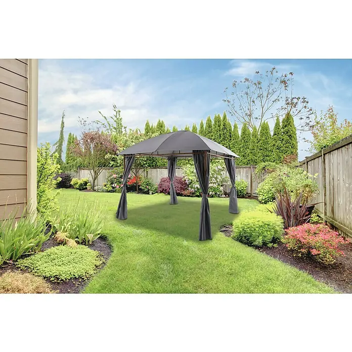 Sunfun Carpa con laterales Bali - An x Pr: 300 x 300 cm, Color del techo: Gris - Una elegante glorieta de jardín gris con cortinas se alza en el jardín, ofreciendo un lugar sombreado y elegante para relajarse al aire libre.