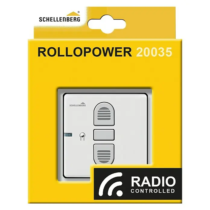 Schellenberg Interruptor de recepción por radio - L x An x Al: 80 x 80 x 40 mm, Blanco, Empotrado - ROLLOPOWER 20035, un control inteligente para persianas con radio, en un paquete amarillo.