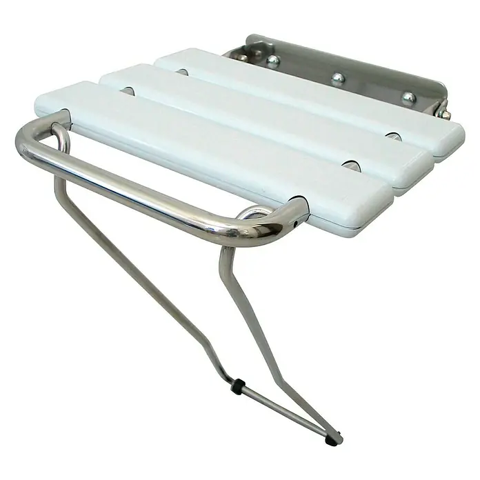 CM Baños Taburete de baño - L x An x Al: 355 x 32 x 45 cm, Acero inoxidable - Asiento de ducha plegable con asiento blanco y estructura robusta de acero inoxidable para un soporte seguro en el baño.
