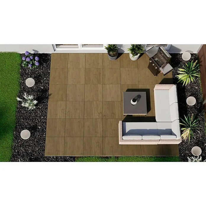 Terrassenfliese Garden Rustbrown 2.0 - 59,7 x 59,7 x 2 cm, Braun, Matt - Eine Luftaufnahme einer Terrasse mit Gartenmöbeln, Pflanzen und einem Grill, die ein entspannendes Outdoor-Ambiente zeigt.