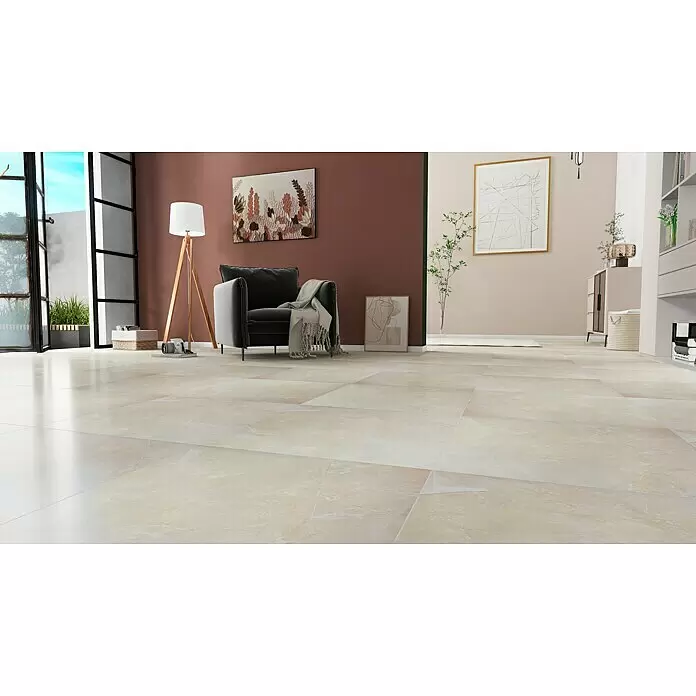 Feinsteinzeugfliese Premium Marble - 60 x 60 cm, Ivory, Glänzend - Helle, großformatige Bodenfliesen mit subtiler Marmorierung in einem modernen Wohnraum.