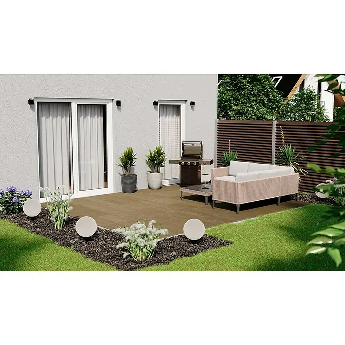 Terrassenfliese Garden Rustbrown 2.0 - 59,7 x 59,7 x 2 cm, Braun, Matt - Einladende Außenterrasse mit Grill, Sitzgelegenheiten und Bepflanzung, ideal für entspannte Stunden im Freien.