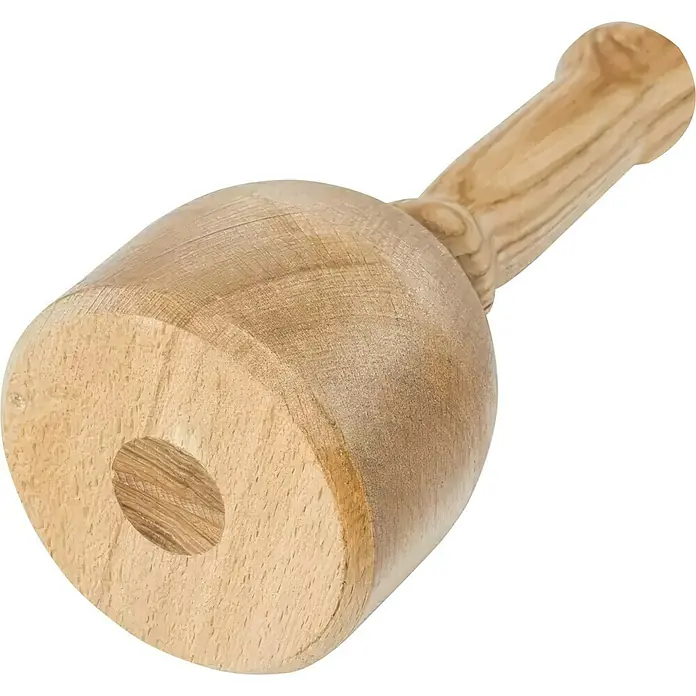 Heka Bildhauerklüpfel - Rund, Durchmesser Kopf: 100 mm - Nahaufnahme eines hölzernen Fleischklopfers mit Griff und Loch, ideal zum Zartmachen von Fleisch.