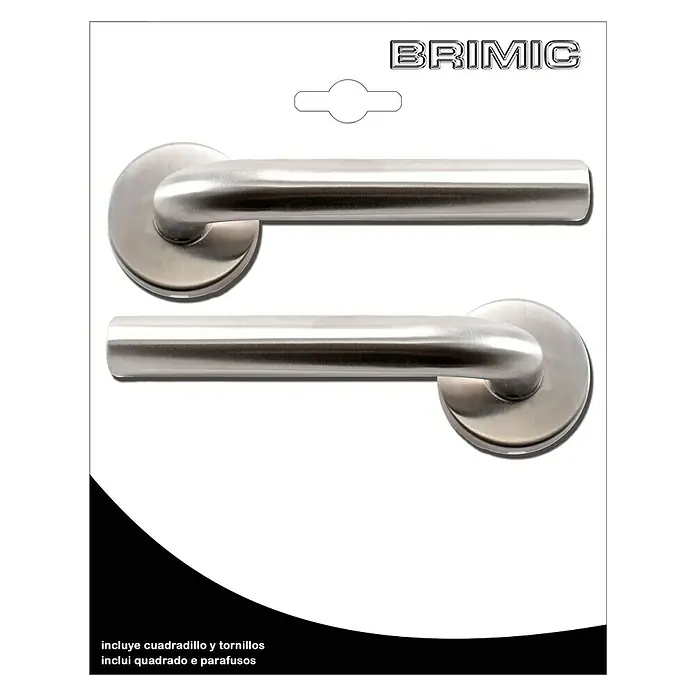 Micel Conjunto de picaporte 575 IN - Acero inoxidable - Primer plano de un paquete de manijas para puertas Brimić de acero inoxidable, completo con accesorios para una fácil instalación.