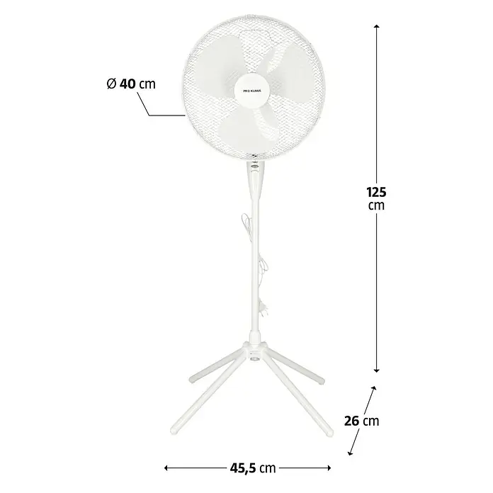 Voltomat Standventilator - Weiß, 40 cm, 125 cm - Produktabbildung eines weißen Pro Klima Standventilators mit den Maßen 40 cm Durchmesser, 125 cm Höhe und 45,5 cm Breite.