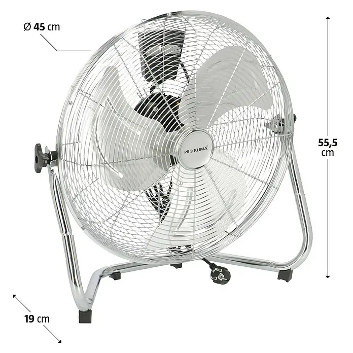 Proklima Bodenventilator - Silber, 45 cm - Produktbild: Chromfarbener Pro Klima Ventilator mit den Maßen Ø 45 cm, 55,5 cm Höhe und 19 cm Tiefe für eine optimale Luftzirkulation.