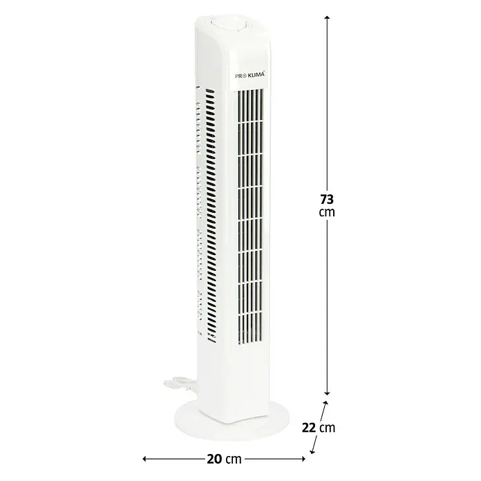 Proklima Turmventilator - Weiß, Höhe: 78 cm, 45 W - Abbildung eines weißen Pro Klima Turmventilators mit den Maßen 73 cm Höhe, 22 cm Tiefe und 20 cm Breite.