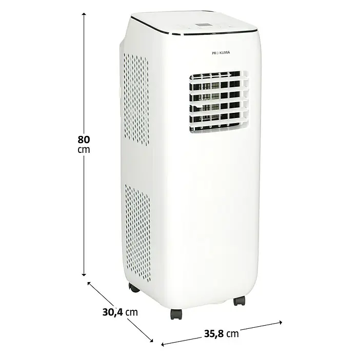 Proklima Mobiles Klimagerät Purity 7.000 WiFi - 2,05 kW, Raumgröße: 20 m², Weiß/Silber - Das Bild zeigt eine mobile, weiße Klimaanlage mit den Maßen 80 cm Höhe, 30,4 cm Breite und 35,8 cm Tiefe.