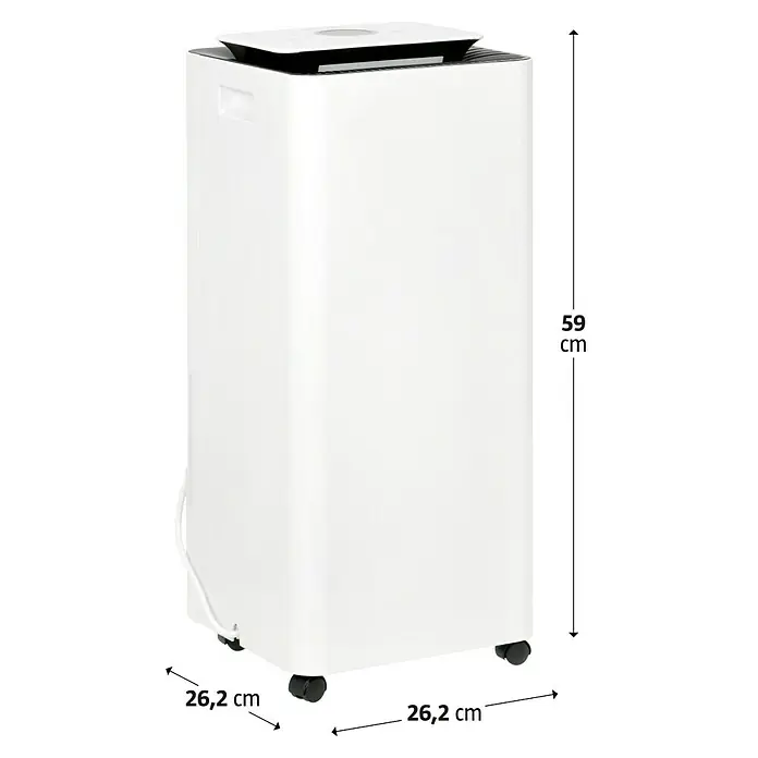 Proklima Luftentfeuchter - 400 W, Entfeuchtungsleistung: 20 l/Tag, L x B x H: 26,2 x 26,2 x 59 cm, Rollen - Weißer Luftentfeuchter mit Abmessungen (59 cm Höhe, 26,2 cm Breite und Tiefe). Praktisches, kompaktes Design für verbesserte Luftqualität.